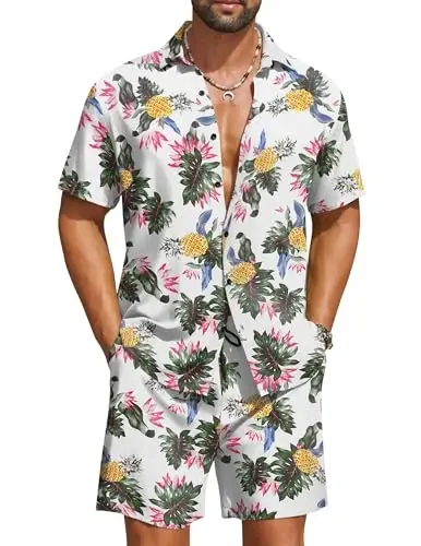 COOFANDY Men's Hawaiian Matching Set Summer Beach 2 Piece Outfits Flower Button Down Shirts and Shorts Vacation Outfits - 1