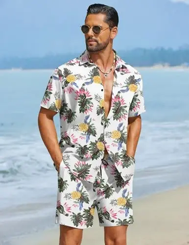 COOFANDY Men's Hawaiian Matching Set Summer Beach 2 Piece Outfits Flower Button Down Shirts and Shorts Vacation Outfits - 3