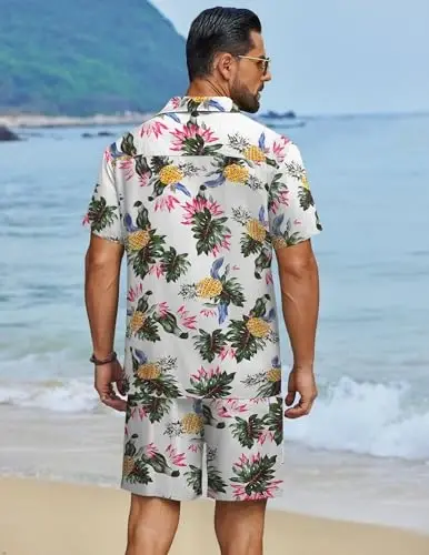 COOFANDY Men's Hawaiian Matching Set Summer Beach 2 Piece Outfits Flower Button Down Shirts and Shorts Vacation Outfits - 6