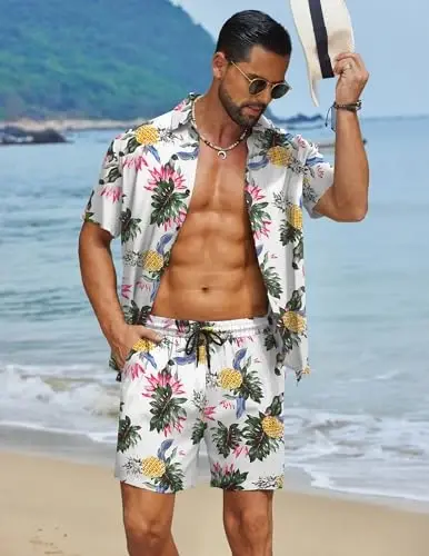 COOFANDY Men's Hawaiian Matching Set Summer Beach 2 Piece Outfits Flower Button Down Shirts and Shorts Vacation Outfits - COOFANDY (1)