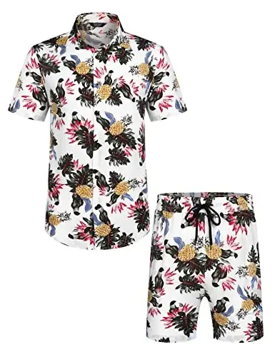 COOFANDY Men's Hawaiian Matching Set Summer Beach 2 Piece Outfits Flower Button Down Shirts and Shorts Vacation Outfits - 4