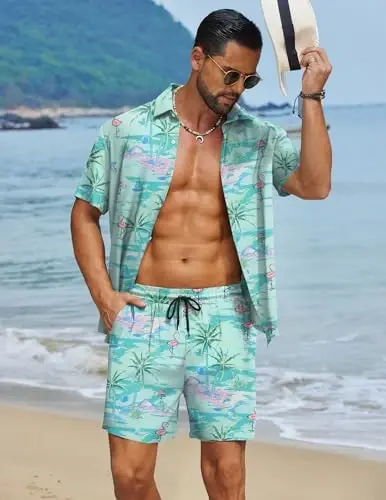 COOFANDY Men's Hawaiian Matching Set Summer Beach 2 Piece Outfits Flower Button Down Shirts and Shorts Vacation Outfits - 1