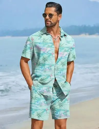 COOFANDY Men's Hawaiian Matching Set Summer Beach 2 Piece Outfits Flower Button Down Shirts and Shorts Vacation Outfits - 2