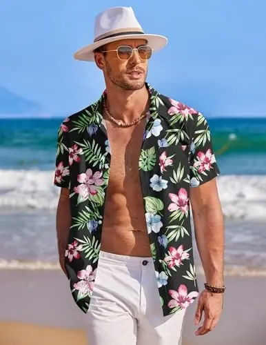 COOFANDY Mens Hawaiian Shirt Short Sleeve Button Down Shirts Tropical Summer Beach Shirts Casual Floral Aloha Shirts - COOFANDY (1)