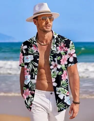 COOFANDY Mens Hawaiian Shirt Short Sleeve Button Down Shirts Tropical Summer Beach Shirts Casual Floral Aloha Shirts - COOFANDY (1)
