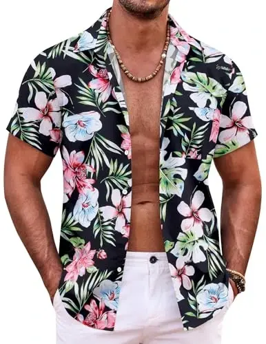 COOFANDY Mens Hawaiian Shirt Short Sleeve Button Down Shirts Tropical Summer Beach Shirts Casual Floral Aloha Shirts - 1