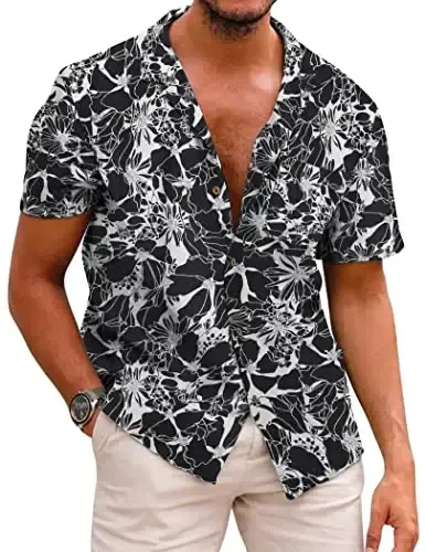 COOFANDY Mens Hawaiian Shirt Short Sleeve Buttoon Down Shirts Casual Tropical Floral Summer Linen Shirts 