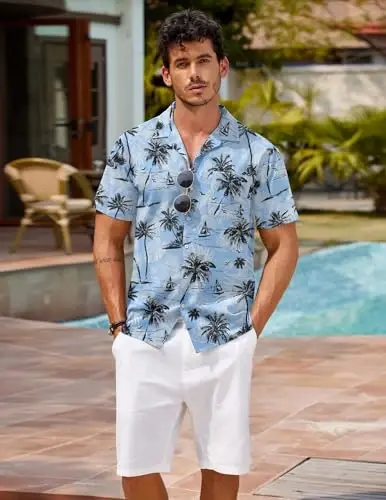 COOFANDY Mens Hawaiian Shirt Short Sleeve Buttoon Down Shirts Casual Tropical Floral Summer Linen Shirts - COOFANDY (1)