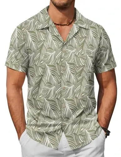 COOFANDY Mens Hawaiian Shirt Short Sleeve Buttoon Down Shirts Casual Tropical Floral Summer Linen Shirts 