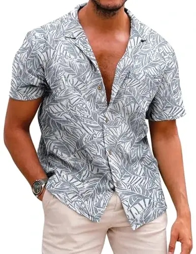 COOFANDY Mens Hawaiian Shirt Short Sleeve Buttoon Down Shirts Casual Tropical Floral Summer Linen Shirts - 1