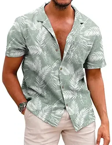 COOFANDY Mens Hawaiian Shirt Short Sleeve Buttoon Down Shirts Casual Tropical Floral Summer Linen Shirts 