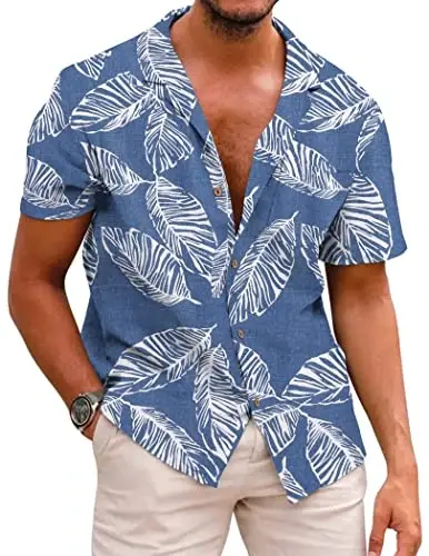 COOFANDY Mens Hawaiian Shirt Short Sleeve Buttoon Down Shirts Casual Tropical Floral Summer Linen Shirts 