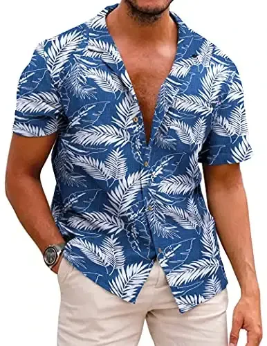 COOFANDY Mens Hawaiian Shirt Short Sleeve Buttoon Down Shirts Casual Tropical Floral Summer Linen Shirts 