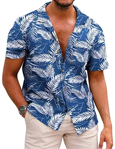 COOFANDY Mens Hawaiian Shirt Short Sleeve Buttoon Down Shirts Casual Tropical Floral Summer Linen Shirts - 1