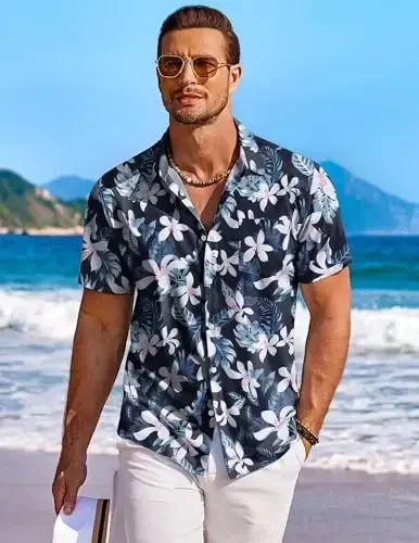 COOFANDY Men's Hawaiian Shirt Short Sleeve Floral Button Down Shirts Tropical Holiday Beach Shirts - 2