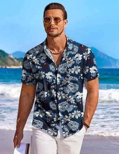 COOFANDY Men's Hawaiian Shirt Short Sleeve Floral Button Down Shirts Tropical Holiday Beach Shirts - 2