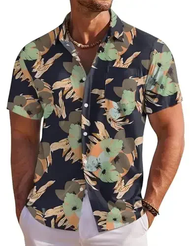 COOFANDY Men's Hawaiian Shirt Short Sleeve Floral Button Down Shirts Tropical Holiday Beach Shirts - 1