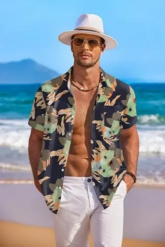 COOFANDY Men's Hawaiian Shirt Short Sleeve Floral Button Down Shirts Tropical Holiday Beach Shirts - 4