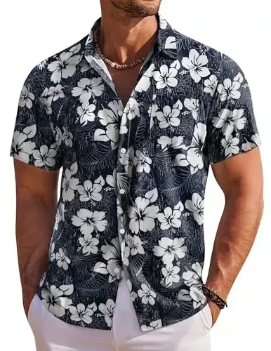 COOFANDY Men's Hawaiian Shirt Short Sleeve Floral Button Down Shirts Tropical Holiday Beach Shirts 