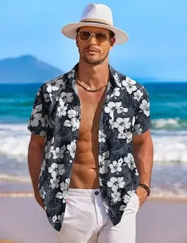 COOFANDY Men's Hawaiian Shirt Short Sleeve Floral Button Down Shirts Tropical Holiday Beach Shirts - 3