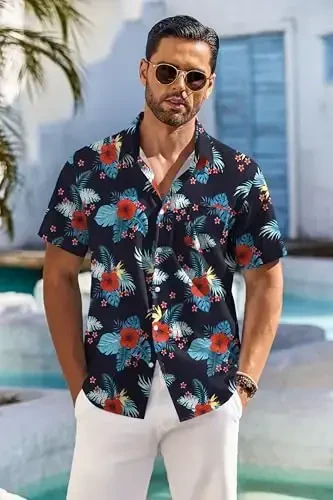 COOFANDY Men's Hawaiian Shirt Short Sleeve Floral Button Down Shirts Tropical Holiday Beach Shirts - 4