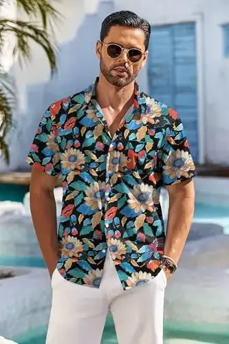COOFANDY Men's Hawaiian Shirt Short Sleeve Floral Button Down Shirts Tropical Holiday Beach Shirts - 4