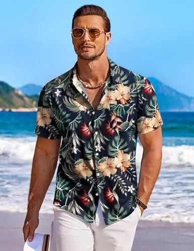 COOFANDY Men's Hawaiian Shirt Short Sleeve Floral Button Down Shirts Tropical Holiday Beach Shirts - COOFANDY (1)