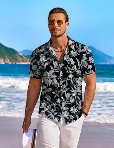 COOFANDY Men's Hawaiian Shirt Short Sleeve Floral Button Down Shirts Tropical Holiday Beach Shirts - 3