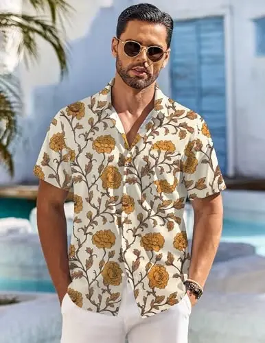 COOFANDY Men's Hawaiian Shirt Short Sleeve Floral Button Down Shirts Tropical Holiday Beach Shirts - COOFANDY (1)