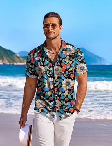 COOFANDY Men's Hawaiian Shirt Short Sleeve Floral Button Down Shirts Tropical Holiday Beach Shirts - 3