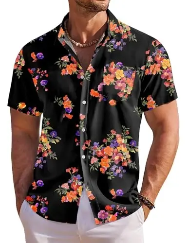 COOFANDY Men's Hawaiian Shirt Short Sleeve Floral Button Down Shirts Tropical Holiday Beach Shirts - COOFANDY