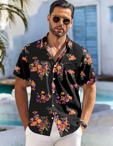 COOFANDY Men's Hawaiian Shirt Short Sleeve Floral Button Down Shirts Tropical Holiday Beach Shirts - 3