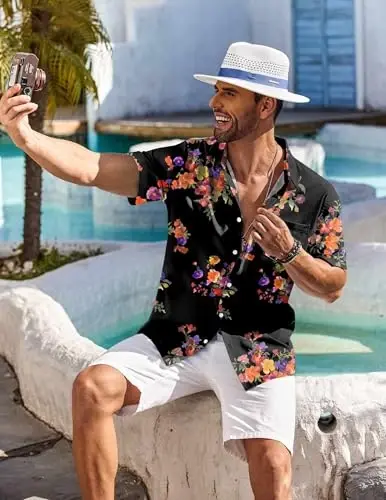 COOFANDY Men's Hawaiian Shirt Short Sleeve Floral Button Down Shirts Tropical Holiday Beach Shirts - 4