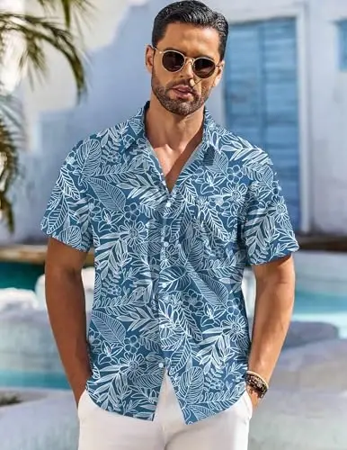 COOFANDY Men's Hawaiian Shirt Short Sleeve Floral Button Down Shirts Tropical Holiday Beach Shirts - 2