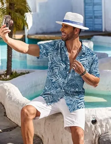 COOFANDY Men's Hawaiian Shirt Short Sleeve Floral Button Down Shirts Tropical Holiday Beach Shirts - 3