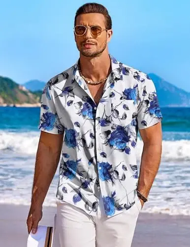 COOFANDY Men's Hawaiian Shirt Short Sleeve Floral Button Down Shirts Tropical Holiday Beach Shirts - COOFANDY (1)