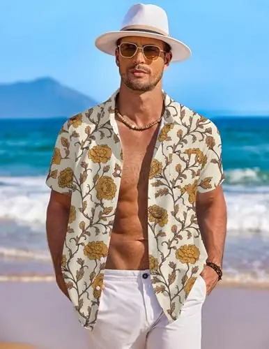 COOFANDY Men's Hawaiian Shirt Short Sleeve Floral Button Down Shirts Tropical Holiday Beach Shirts - 5