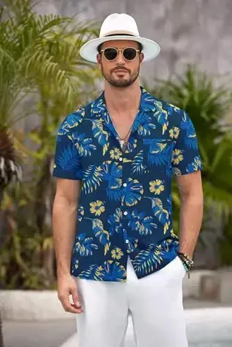 COOFANDY Mens Hawaiian Shirt Short Sleeve Floral Button Down Shirts Tropical Summer Beach Shirts Camp Collar Shirt - 4