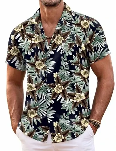 COOFANDY Mens Hawaiian Shirt Short Sleeve Floral Button Down Shirts Tropical Summer Beach Shirts Camp Collar Shirt - 1