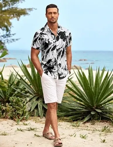 COOFANDY Mens Hawaiian Shirt Short Sleeve Tugmalar bilan pastga tushadigan ko'ylaklar Tropik yozgi plyaj ko'ylaklari Kundalik gul bosma Aloha ko'ylaklari - 3