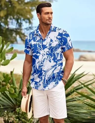 COOFANDY Mens Hawaiian Shirt Short Sleeve Tugmalar Pastga Ko'ylaklar Tropik Yozgi Plaj Ko'ylaklar Tasodifiy Gul Aloha Ko'ylaklar - 3