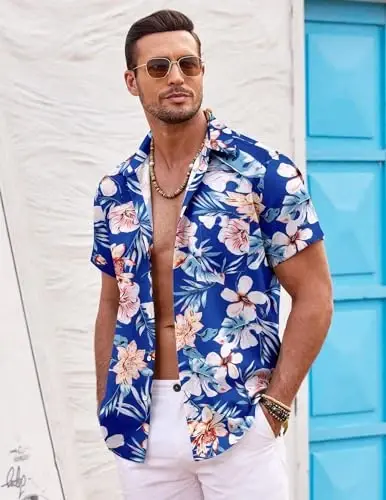 COOFANDY Mens Hawaiian Shirt Short Sleeve Tugmalar Pastga Ko'ylaklar Tropik Yozgi Plaj Ko'ylaklari Tasodifiy Gul Aloha Ko'ylaklar - 3