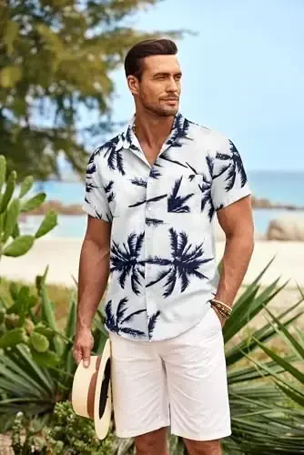 COOFANDY Mens Hawaiian Shirt Short Sleeve Tugmalar Pastga Ko'ylaklar Tropik Yozgi Plaj Ko'ylaklari Tasodifiy Gul Aloha Ko'ylaklari - 2