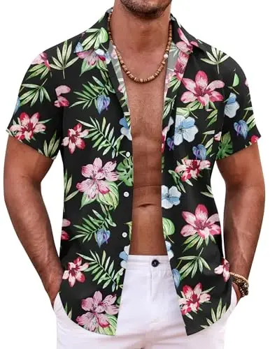COOFANDY Mens Hawaiian Shirt Short Sleeve Tugmalar pastga Tropik yozgi plyaj ko'ylaklari Tasodifiy gul Aloha ko'ylaklari - COOFANDY