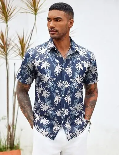 COOFANDY Mens Hawaiian Shirts Short Sleeve Button Down Aloha Shirt Casual Beach Clothes - 5