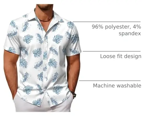 COOFANDY Mens Hawaiian Shirts Short Sleeve Button Down Aloha Shirt Casual Beach Clothes - 4
