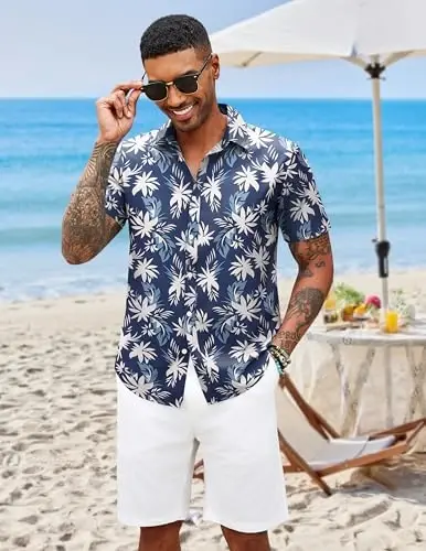 COOFANDY Mens Hawaiian Shirts Short Sleeve Button Down Aloha Shirt Casual Beach Clothes - 2