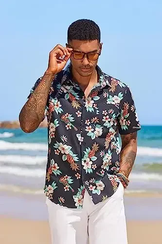 COOFANDY Mens Hawaiian Tropical Shirt Short Sleeve Casual Button Down Floral Summer Beach Shirts with Pocket - 3