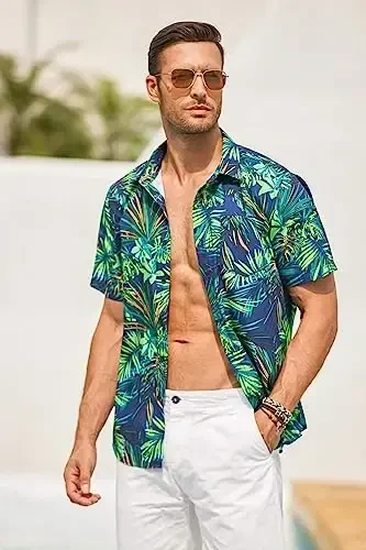 COOFANDY Mens Hawaiian Tropical Shirt Short Sleeve Casual Button Down Floral Summer Beach Shirts with Pocket - 3