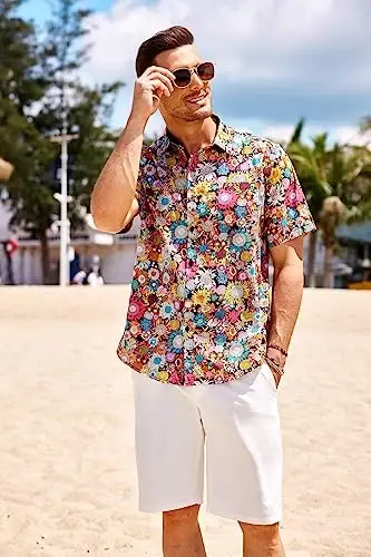 COOFANDY Mens Hawaiian Tropical Shirt Short Sleeve Casual Button Down Floral Summer Beach Shirts with Pocket - 3